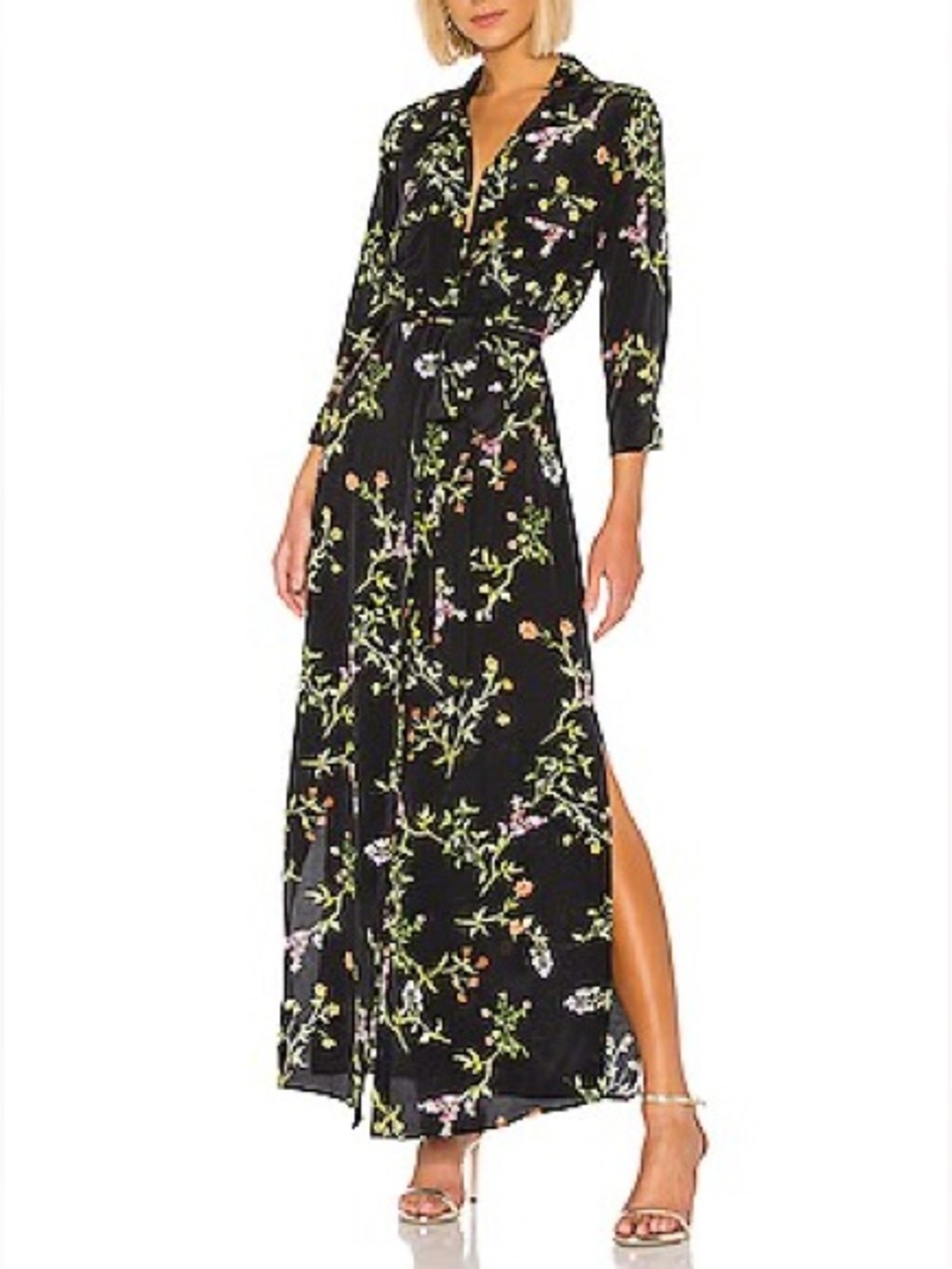 L'agence Cameron Silk Crepe Maxi Shirt Dress Large Black Floral Feminine